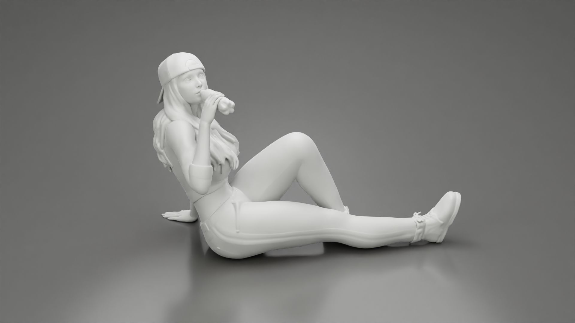 Tired woman mechanic in shirt pants backwards cap drinking water 3D print model_6