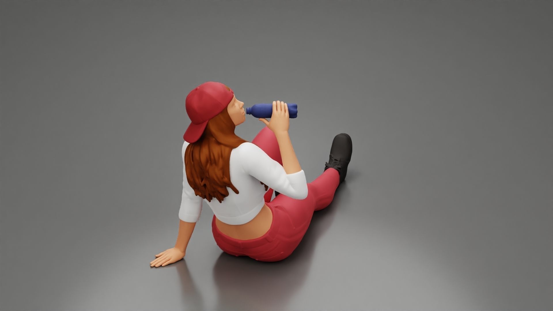 Tired woman mechanic in shirt pants backwards cap drinking water 3D print model_1