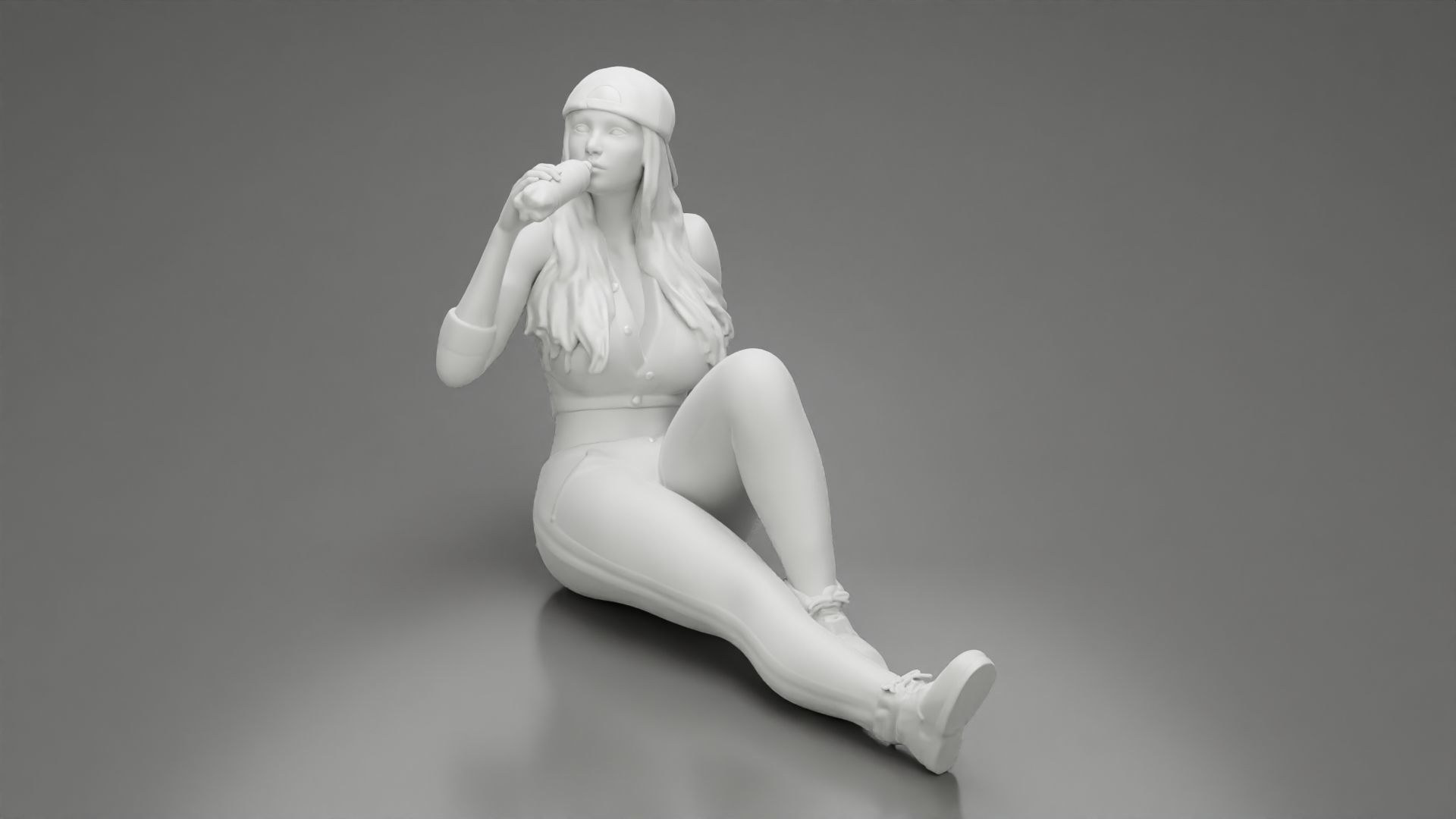Tired woman mechanic in shirt pants backwards cap drinking water 3D print model_11
