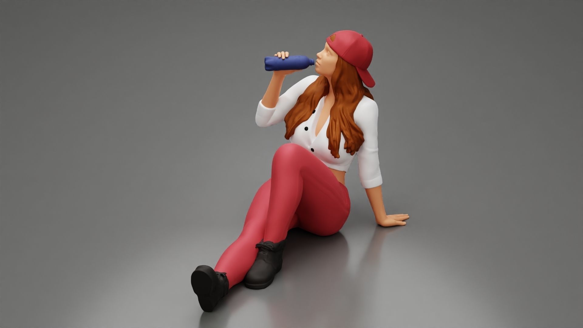 Tired woman mechanic in shirt pants backwards cap drinking water 3D print model_4