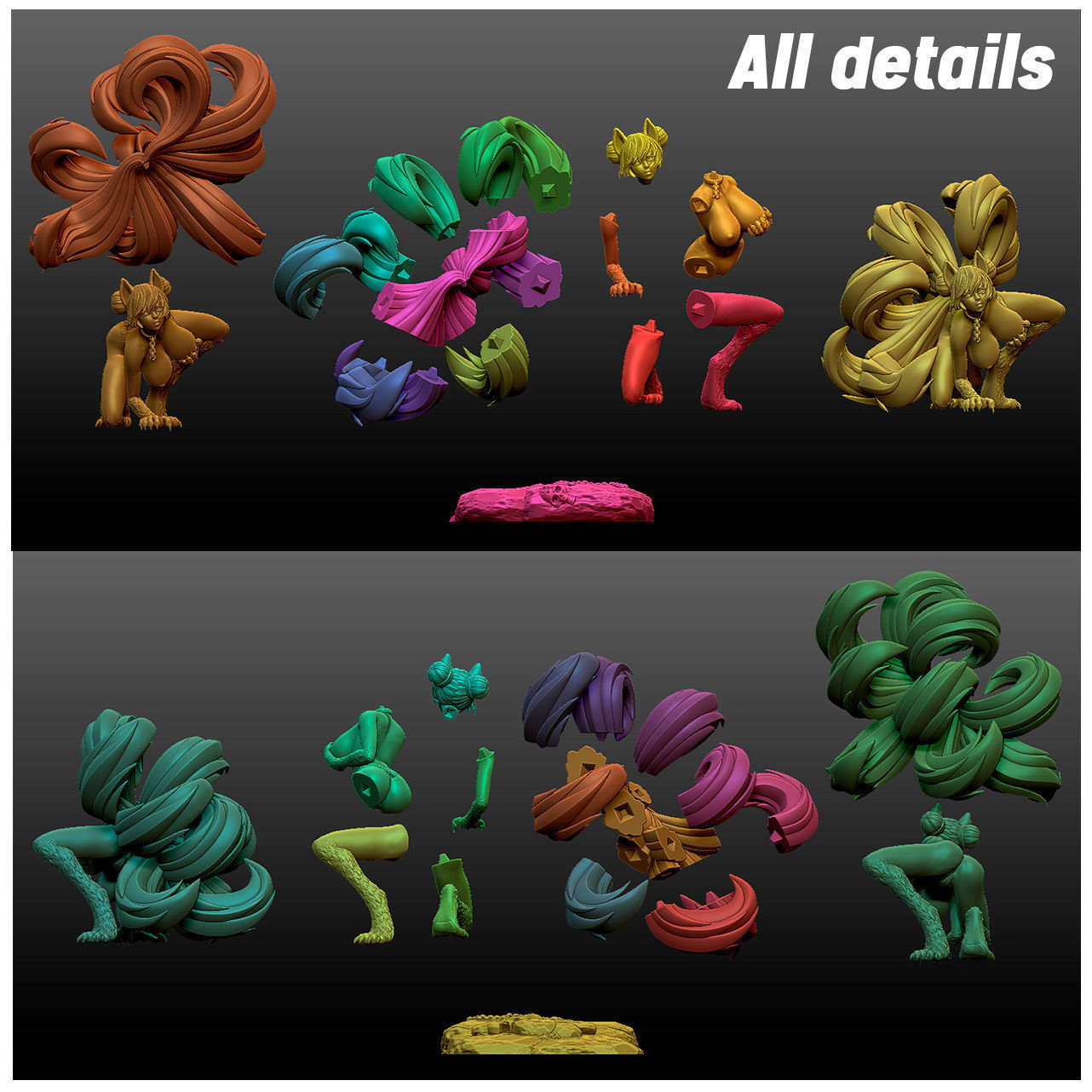 3D Print model - Fox girl - 9-tailed kitsune 3D print model_30