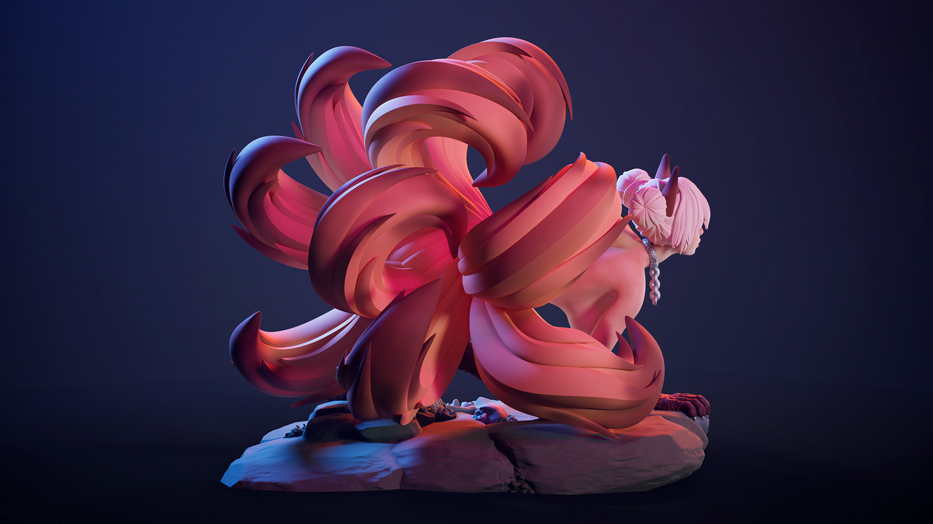 3D Print model - Fox girl - 9-tailed kitsune 3D print model_14