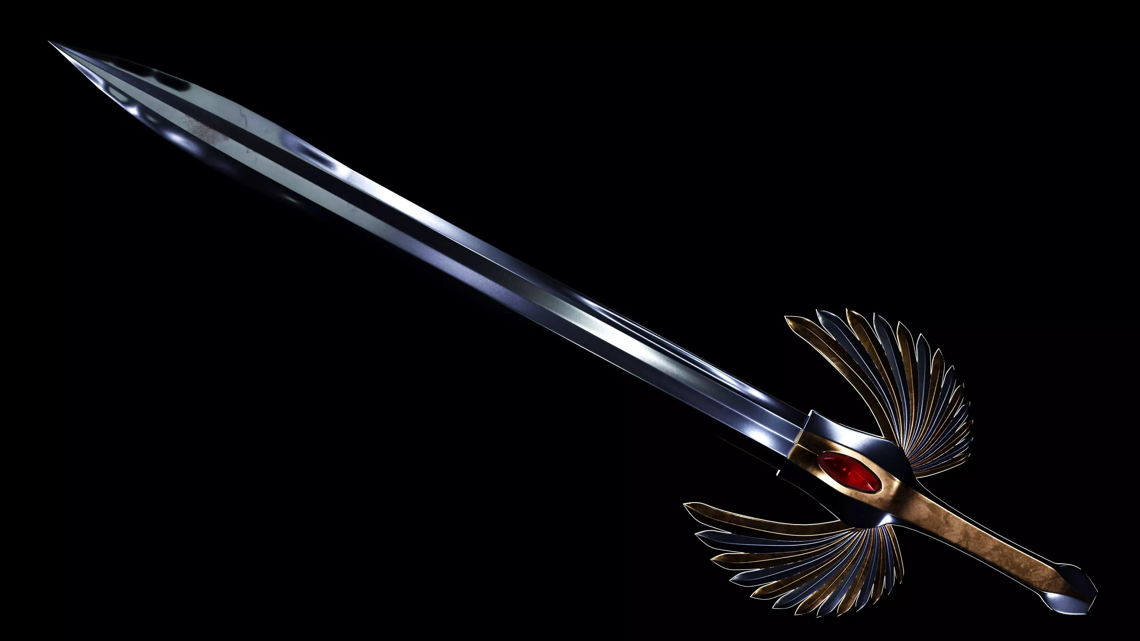 Elven fantasy sword gold and silver gameready Low-poly 3D model_0