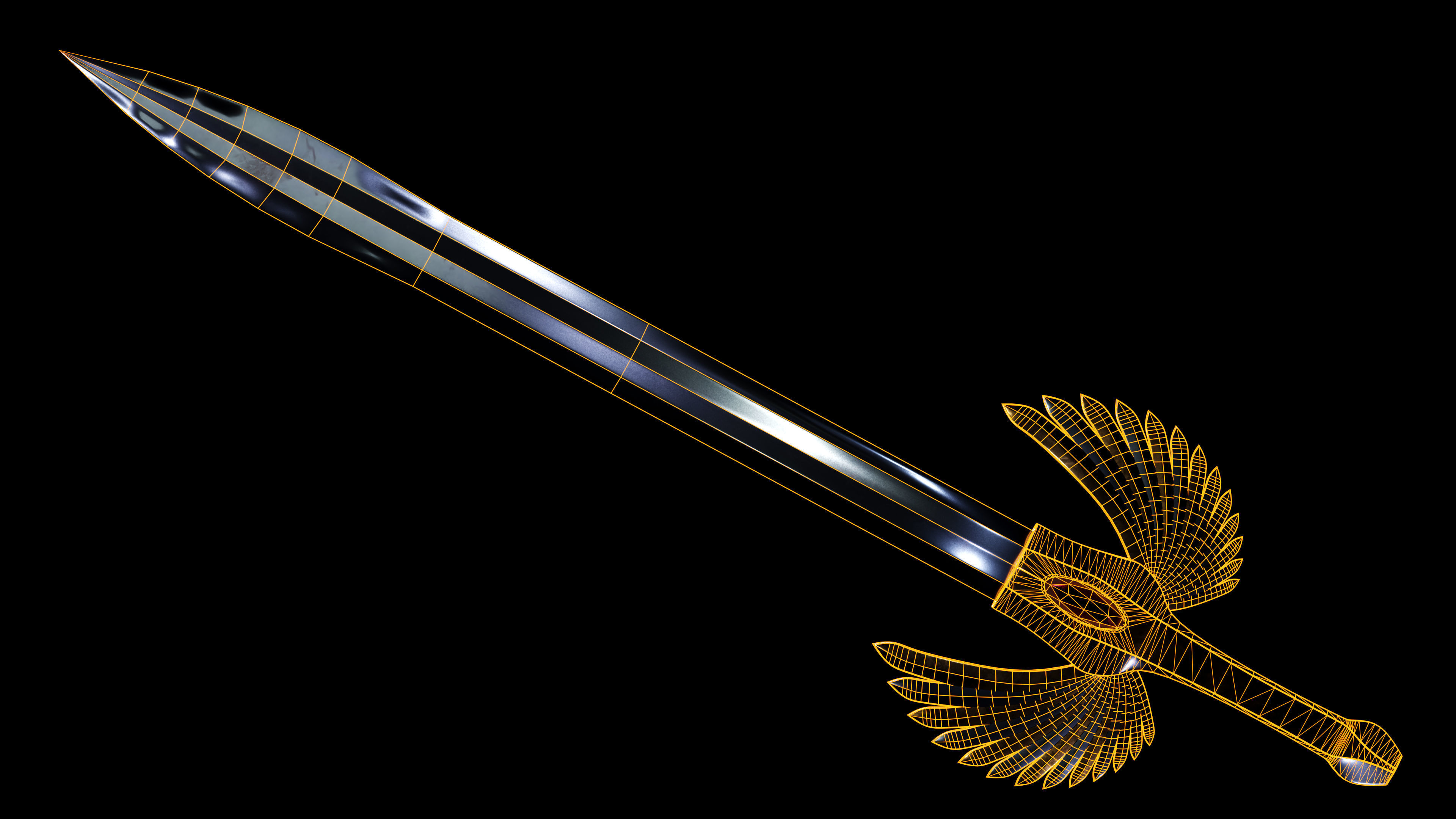 Elven fantasy sword gold and silver gameready Low-poly 3D model_5