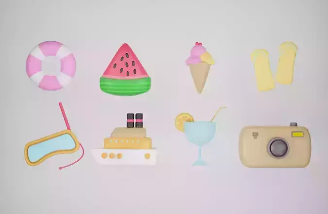 This set of summer essentials features 8 items 3D model