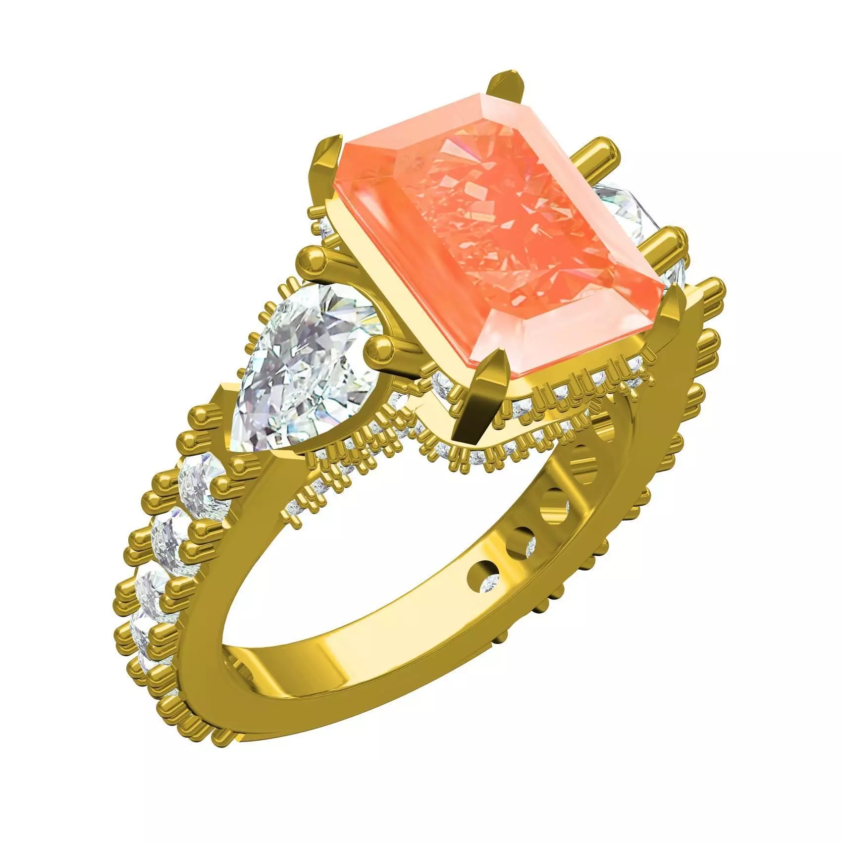 Orange Emerald Stone Pear Diamond Solitair Engagement Ring 3D print model