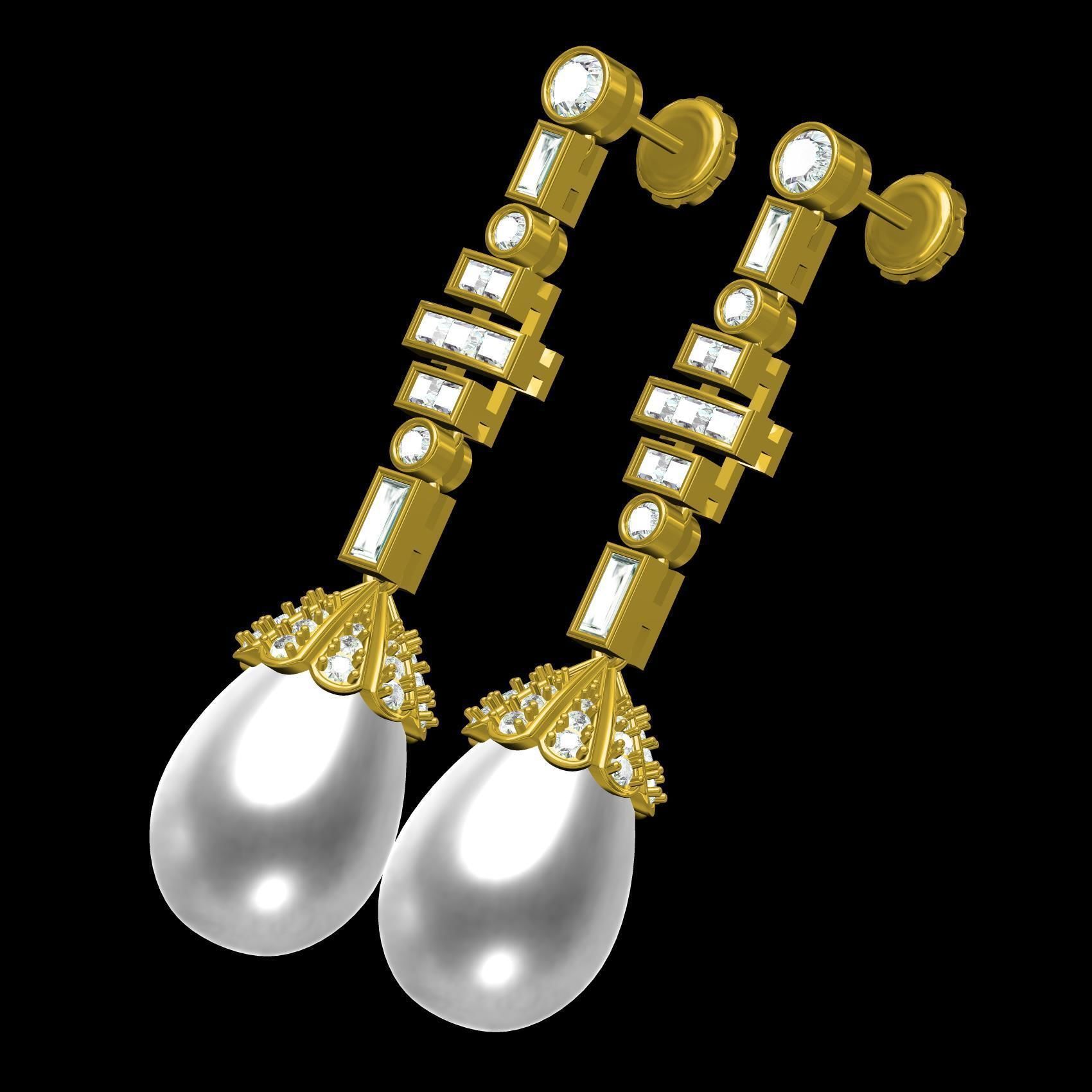 Round and baguette Diamond Pearl Drop Stud Earring 3D print model_10