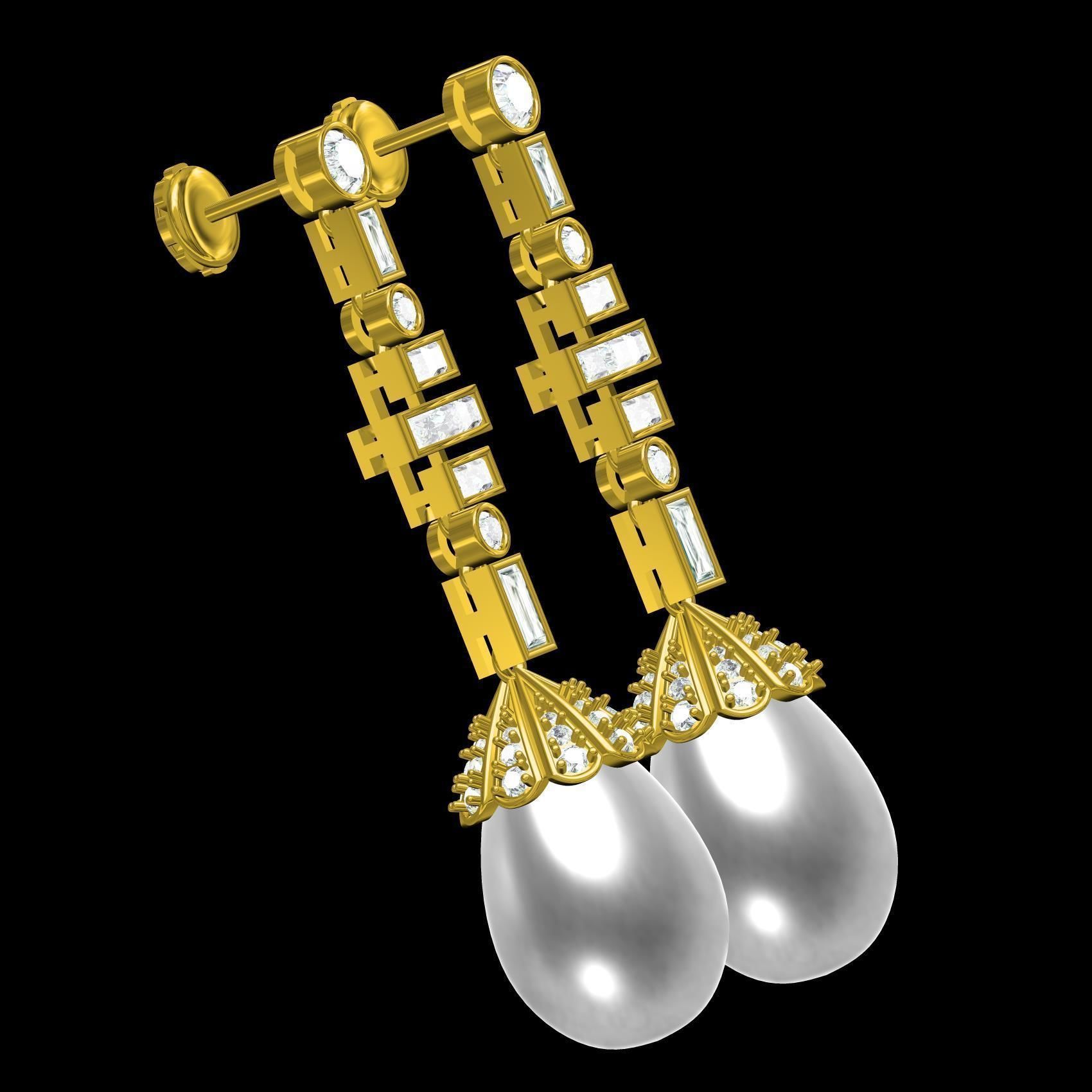 Round and baguette Diamond Pearl Drop Stud Earring 3D print model_11