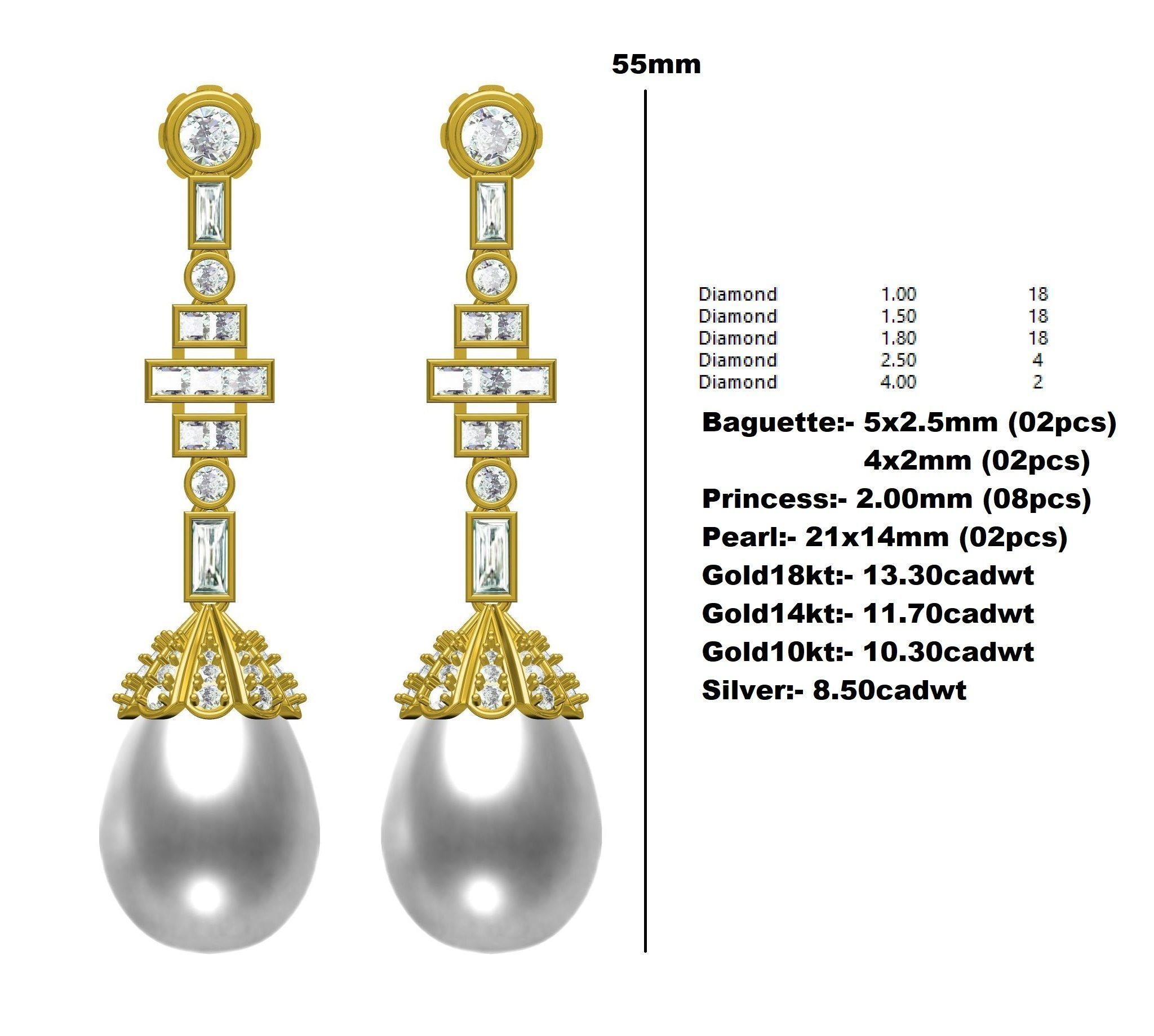 Round and baguette Diamond Pearl Drop Stud Earring 3D print model_12