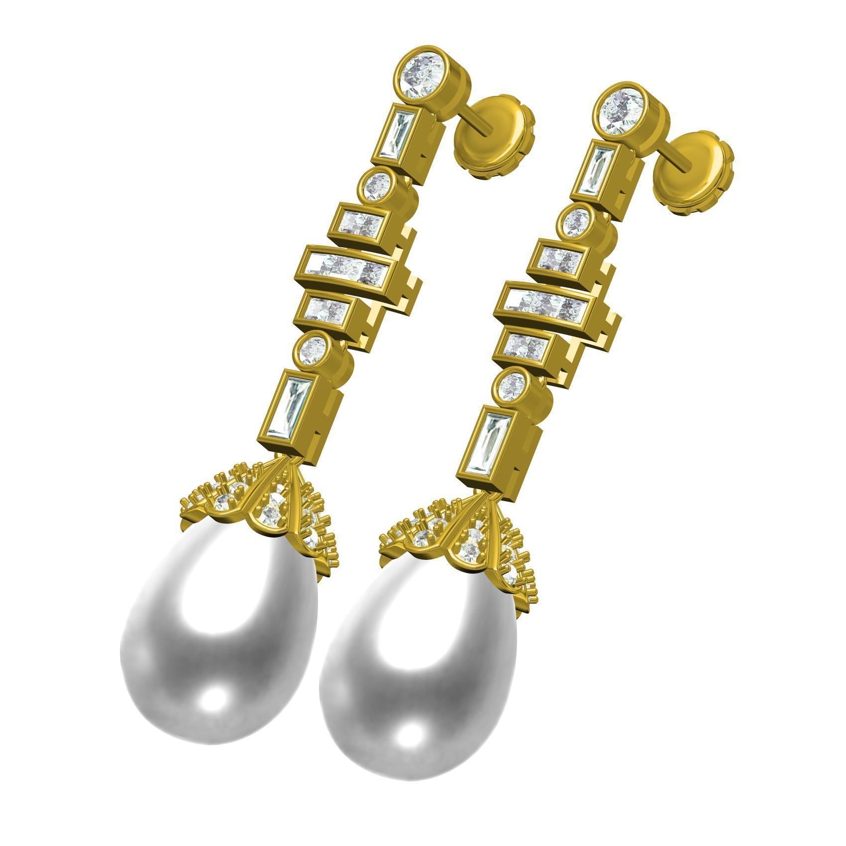 Round and baguette Diamond Pearl Drop Stud Earring 3D print model_1