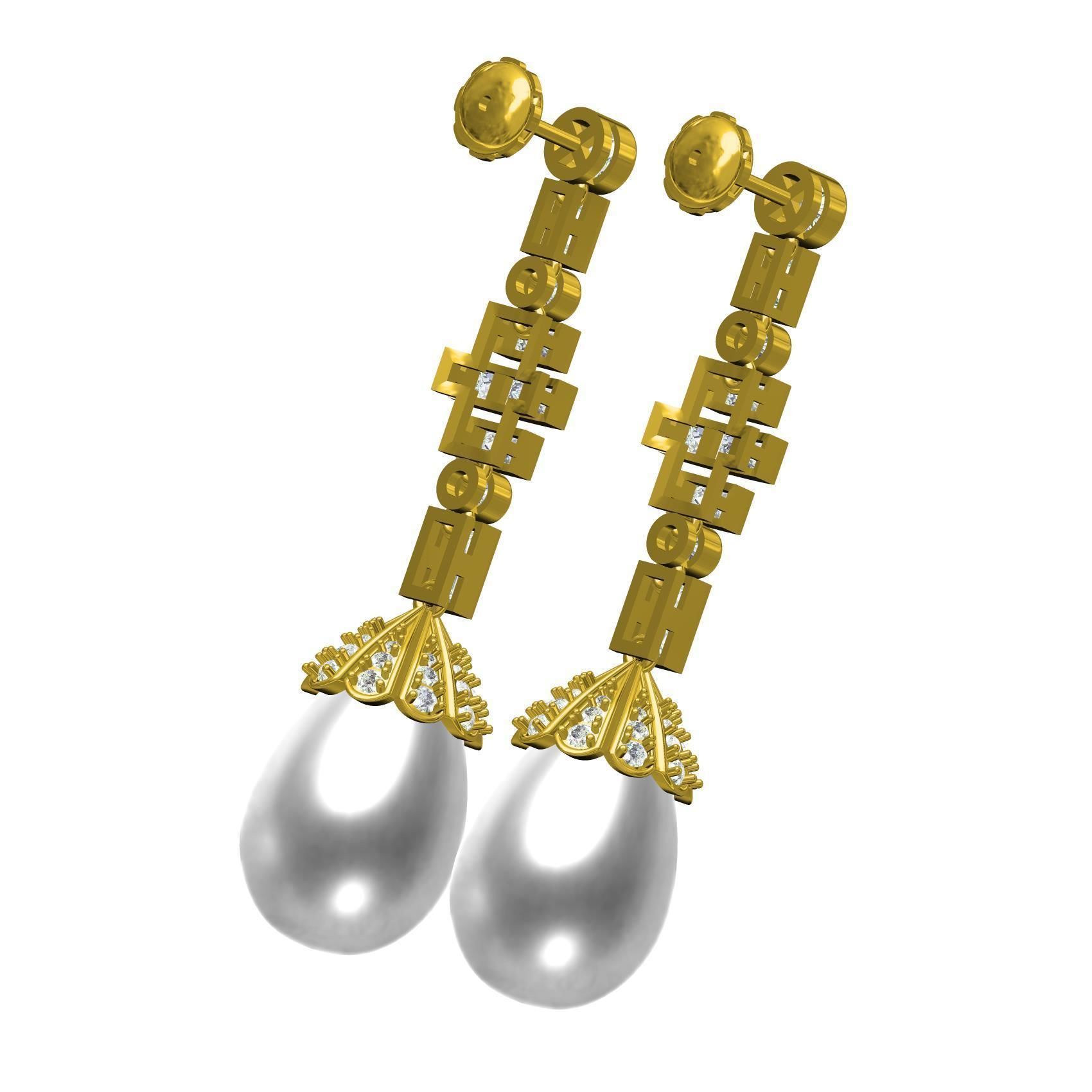 Round and baguette Diamond Pearl Drop Stud Earring 3D print model_6