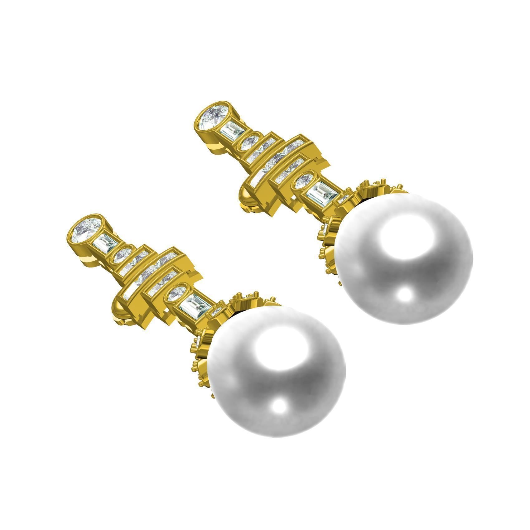 Round and baguette Diamond Pearl Drop Stud Earring 3D print model_7