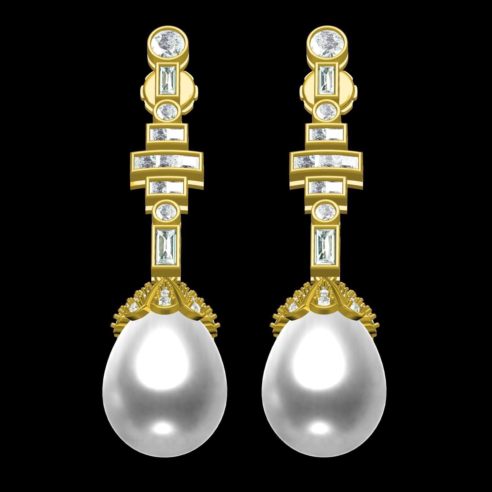 Round and baguette Diamond Pearl Drop Stud Earring 3D print model_9
