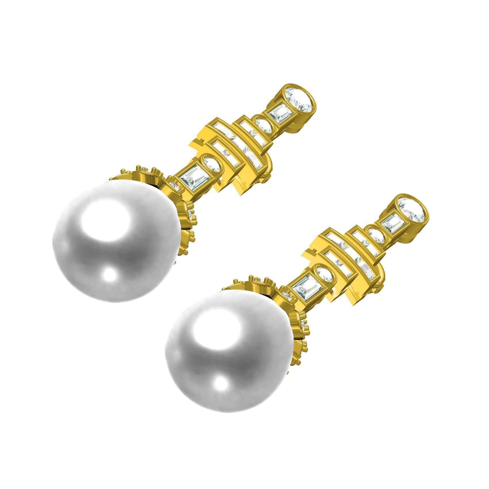 Round and baguette Diamond Pearl Drop Stud Earring 3D print model_3