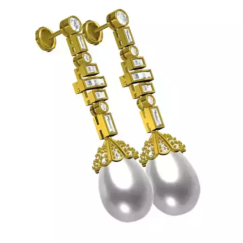 Round and baguette Diamond Pearl Drop Stud Earring