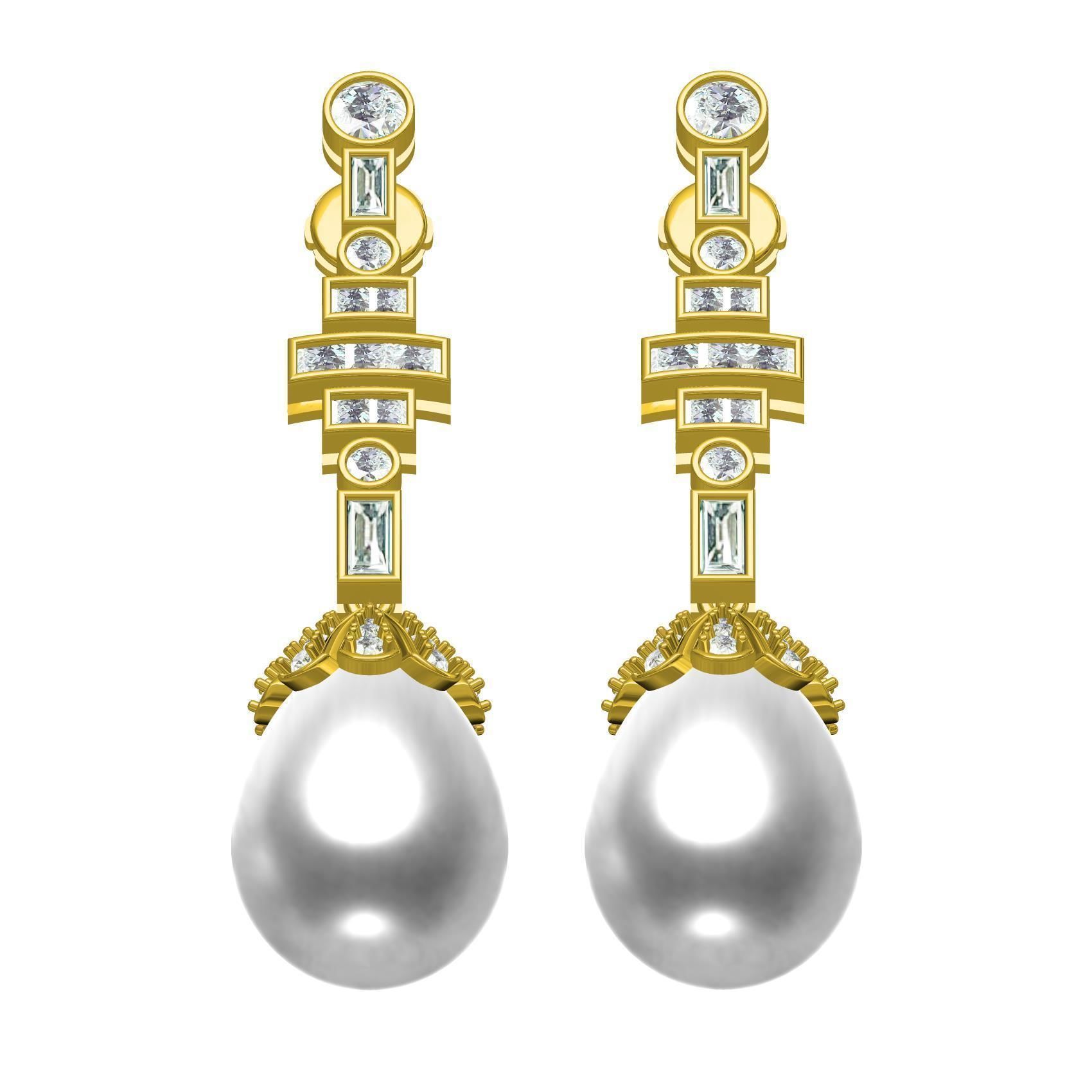 Round and baguette Diamond Pearl Drop Stud Earring 3D print model_2