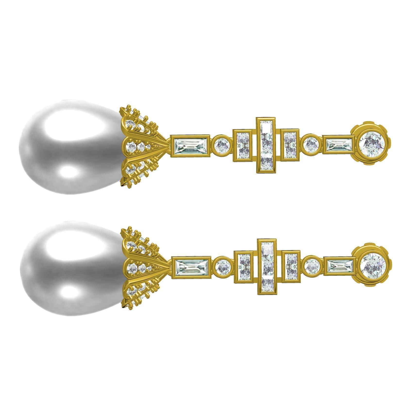 Round and baguette Diamond Pearl Drop Stud Earring 3D print model_8