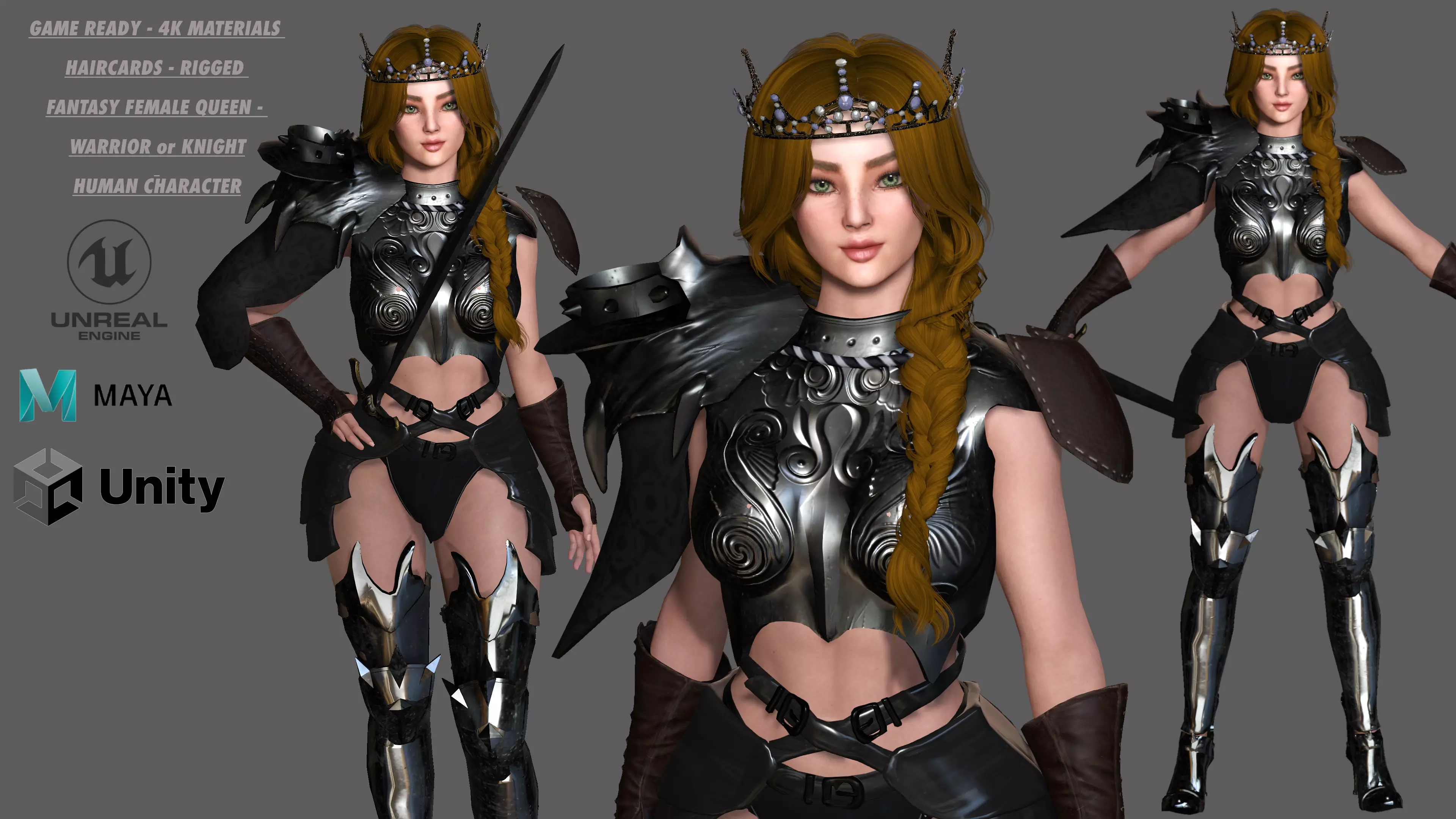 AAA 3D FANTASY FEMALE WARRIOR -REALISTIC RIGGED GAME CHARACTER Low-poly 3D model_0