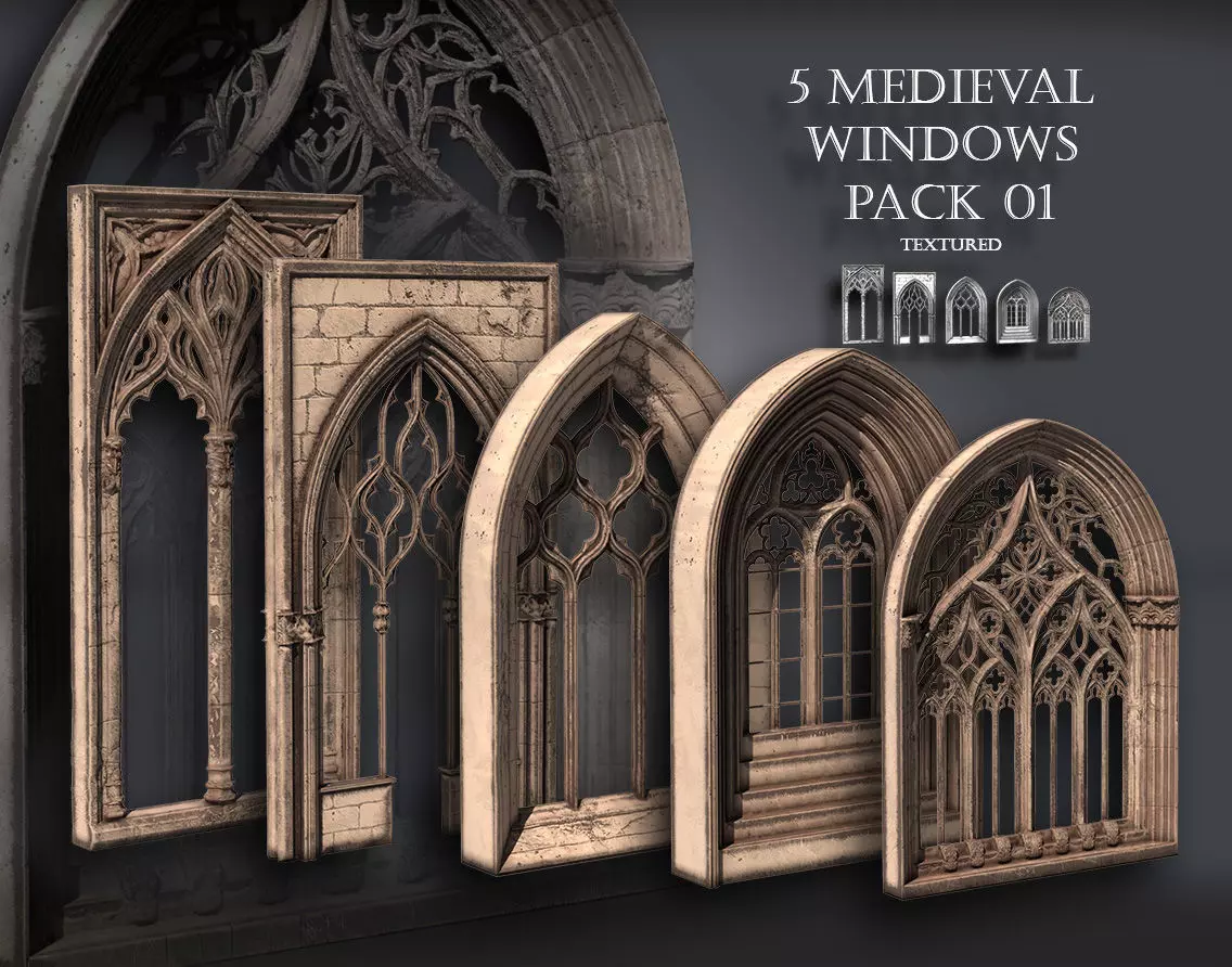 05 Medieval Textured windows pack 01 Low-poly 3D model_0