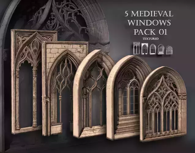 05 Medieval Textured windows pack 01 Low-poly 3D model