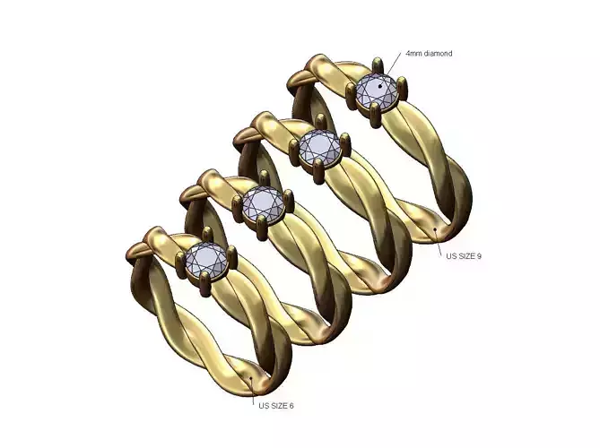 Braided rope 4mm diamond solitaire ring US sizes 6to9