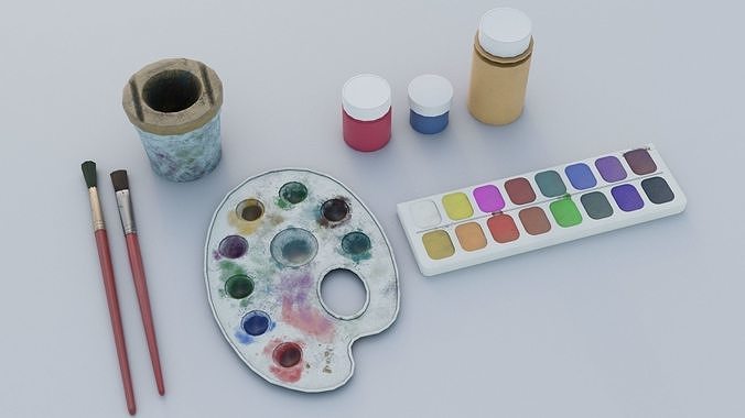 Art supplies with with palette for painting  Low-poly 3D model