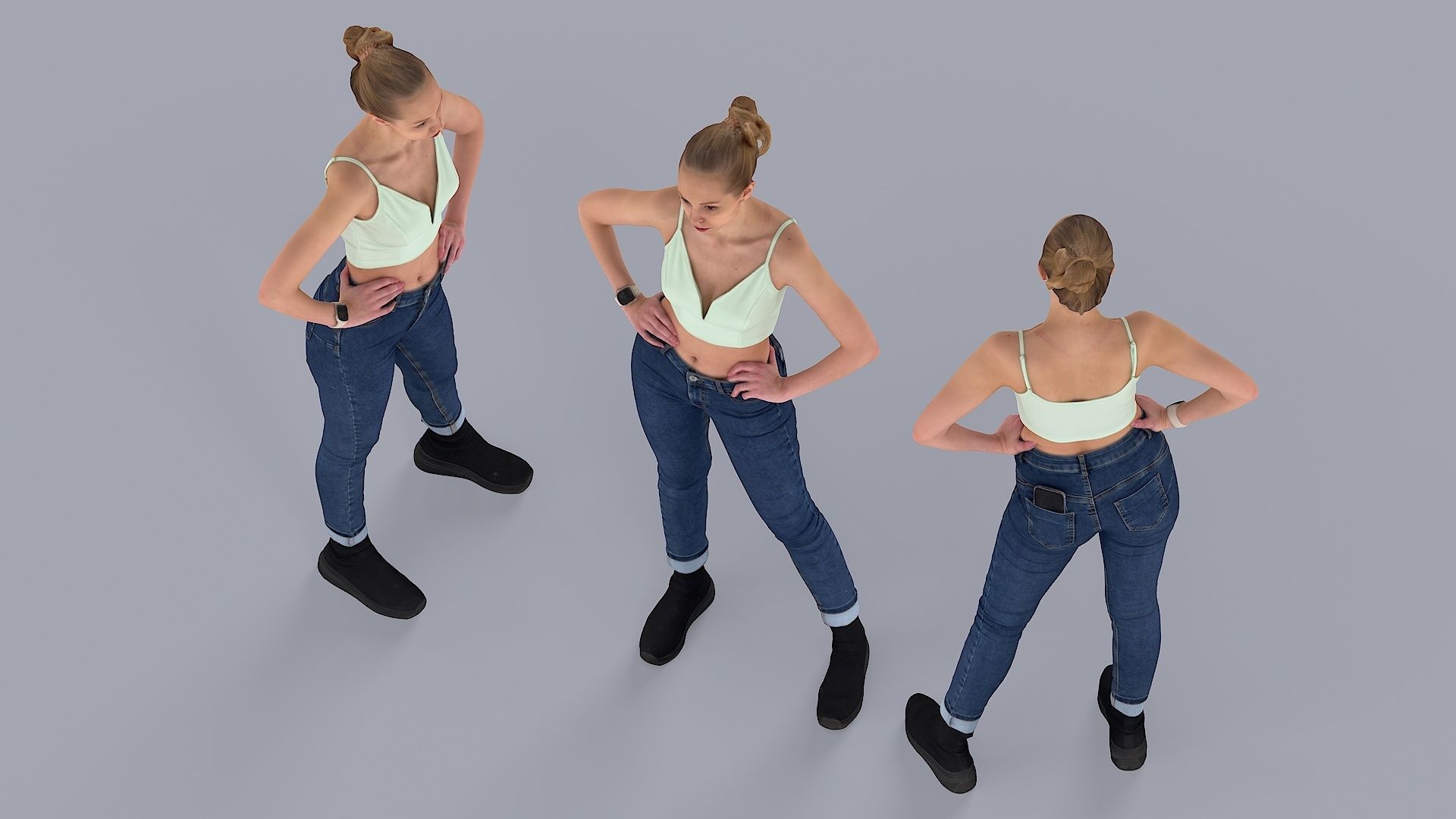 Slightly Tense Girl with Smartwatch and Smartphone 3D model_5
