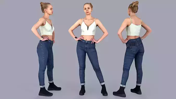 Slightly Tense Girl with Smartwatch and Smartphone 3D model