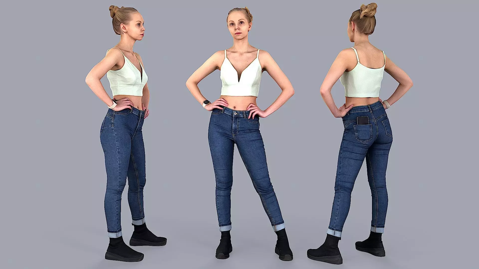 Slightly Tense Girl with Smartwatch and Smartphone 3D model_0