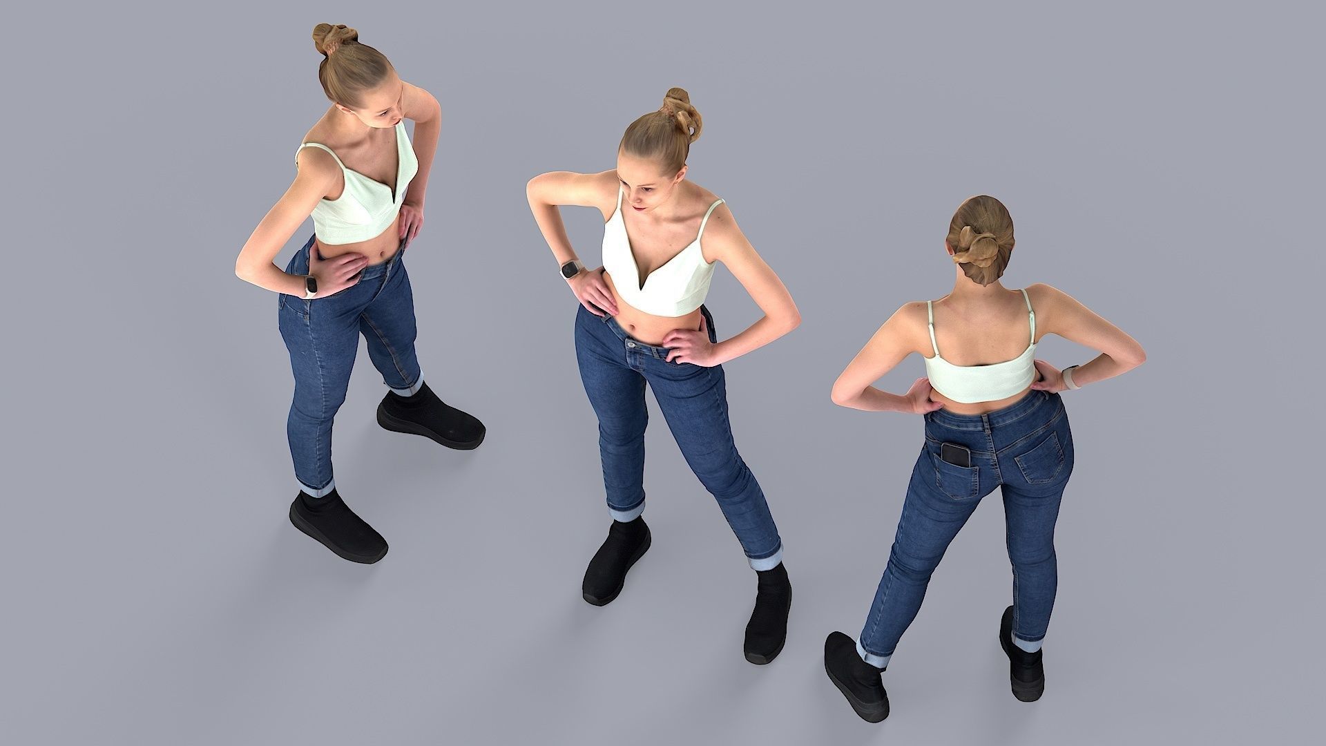 Slightly Tense Girl with Smartwatch and Smartphone 3D model_4