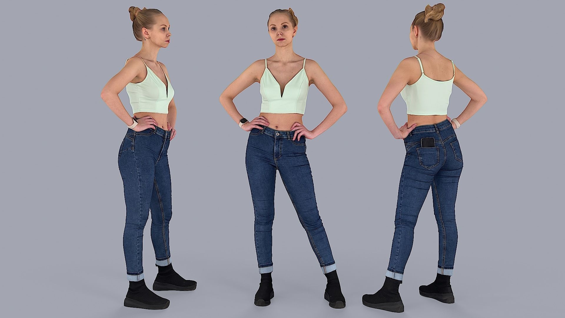 Slightly Tense Girl with Smartwatch and Smartphone 3D model_1