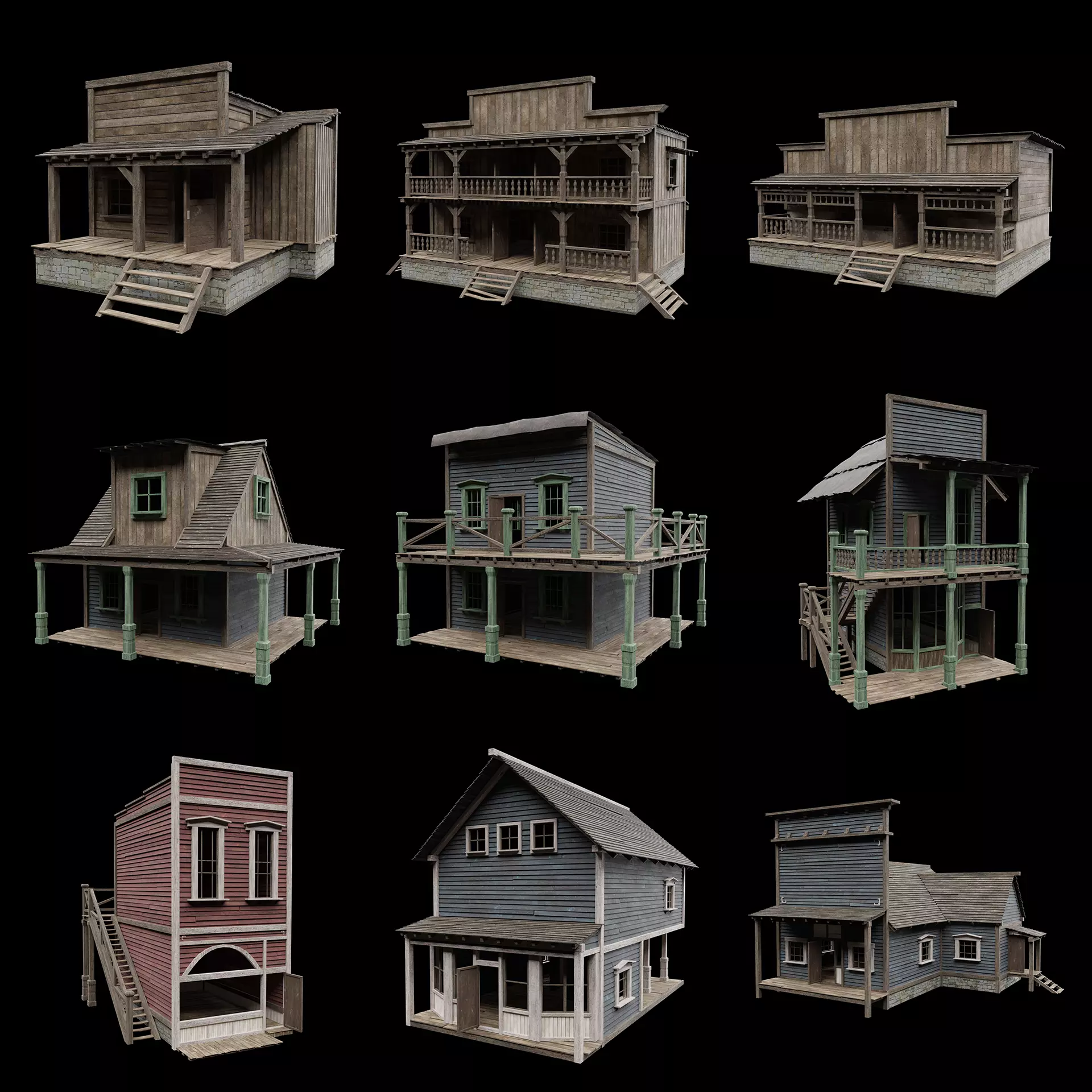 WILD WEST WESTERN HOUSE HUT COTTAGE CABIN BUILDING COLLECTION Low-poly 3D model_0