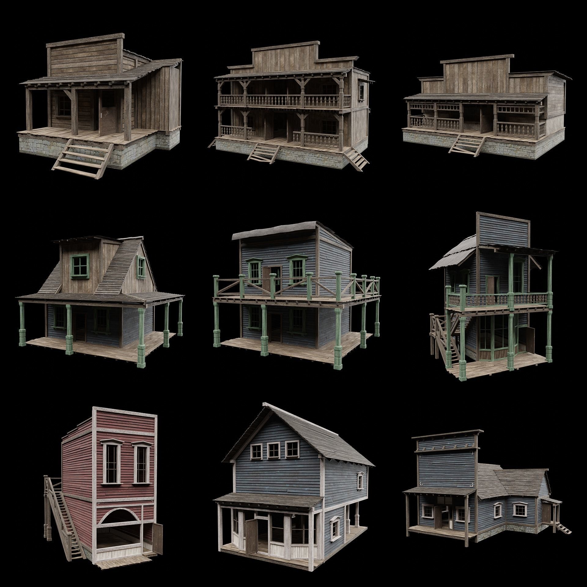 WILD WEST WESTERN HOUSE HUT COTTAGE CABIN BUILDING COLLECTION Low-poly 3D model_56