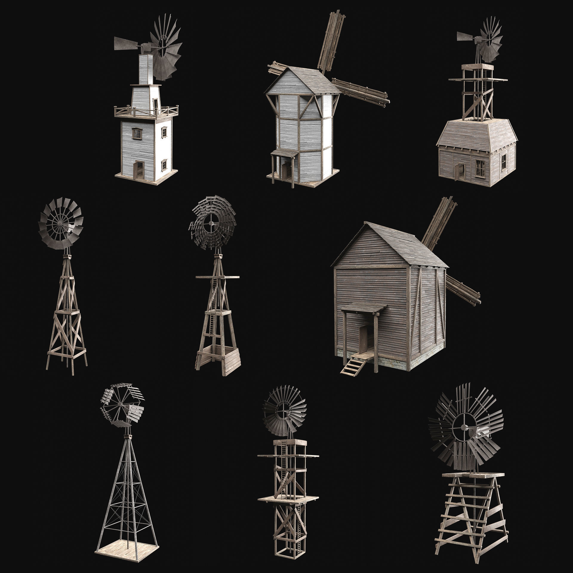 WILD WEST WESTERN WINDMILL WIND MILL TURBINE COLLECTION Low-poly 3D model_33
