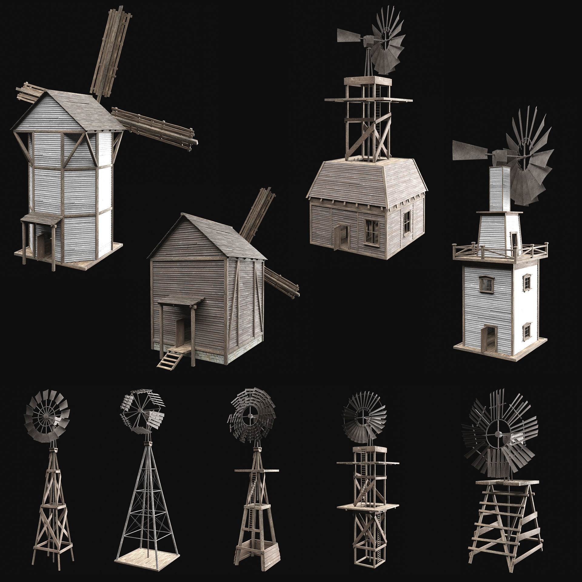 WILD WEST WESTERN WINDMILL WIND MILL TURBINE COLLECTION Low-poly 3D model_32