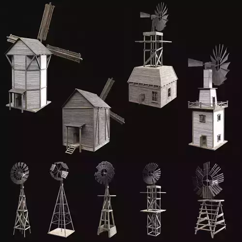 WILD WEST WESTERN WINDMILL WIND MILL TURBINE COLLECTION Low-poly 3D model