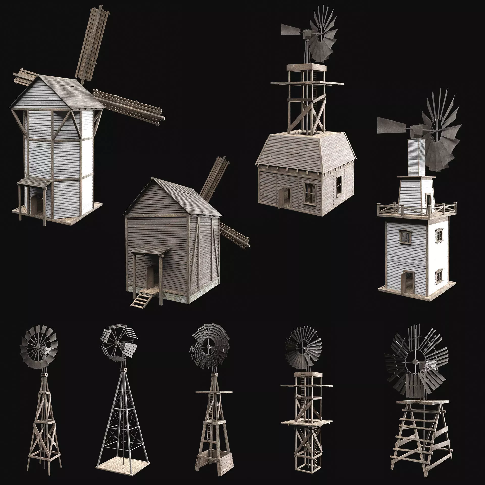 WILD WEST WESTERN WINDMILL WIND MILL TURBINE COLLECTION Low-poly 3D model_0