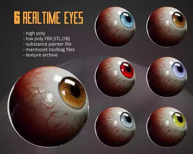  Six Photorealistic Eyes Real-Time 3D Model Low-poly 3D model