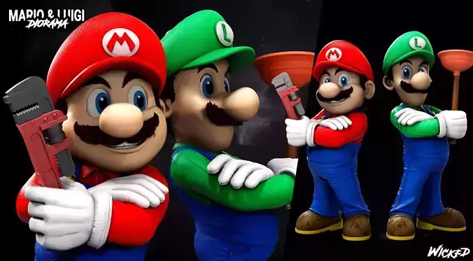 Wicked Video Game Mario and Luigi Sculpture 3D print model