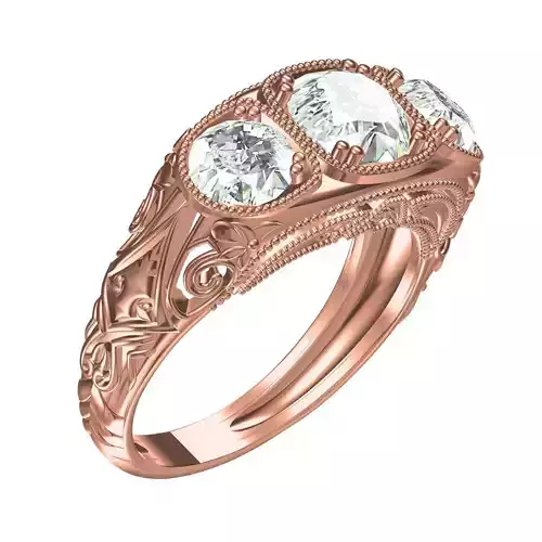 Three Stone Engraving Art Deco Engagement Ring