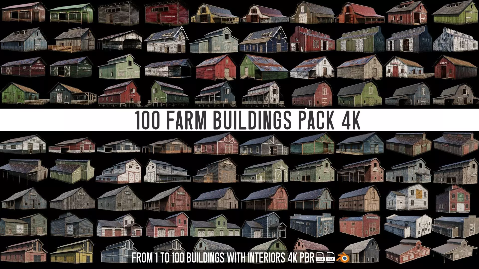 1 - 100 FARM BUILDINGS MEGA PACK 4K PBR Textures 3D Model Collection_0