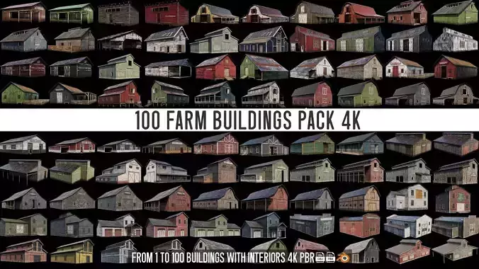 1 - 100 FARM BUILDINGS MEGA PACK 4K PBR Textures 3D Model Collection