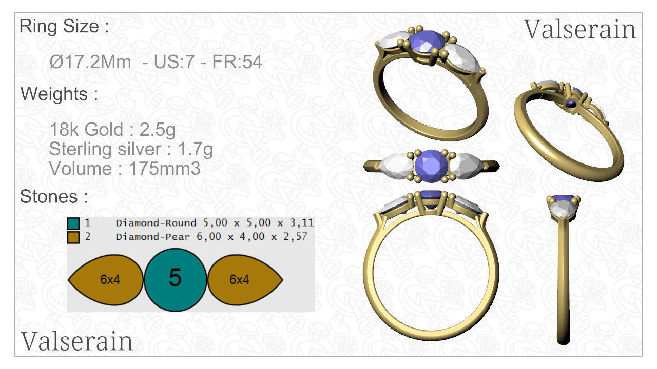 Ring 3 stone gold 3D print model_1
