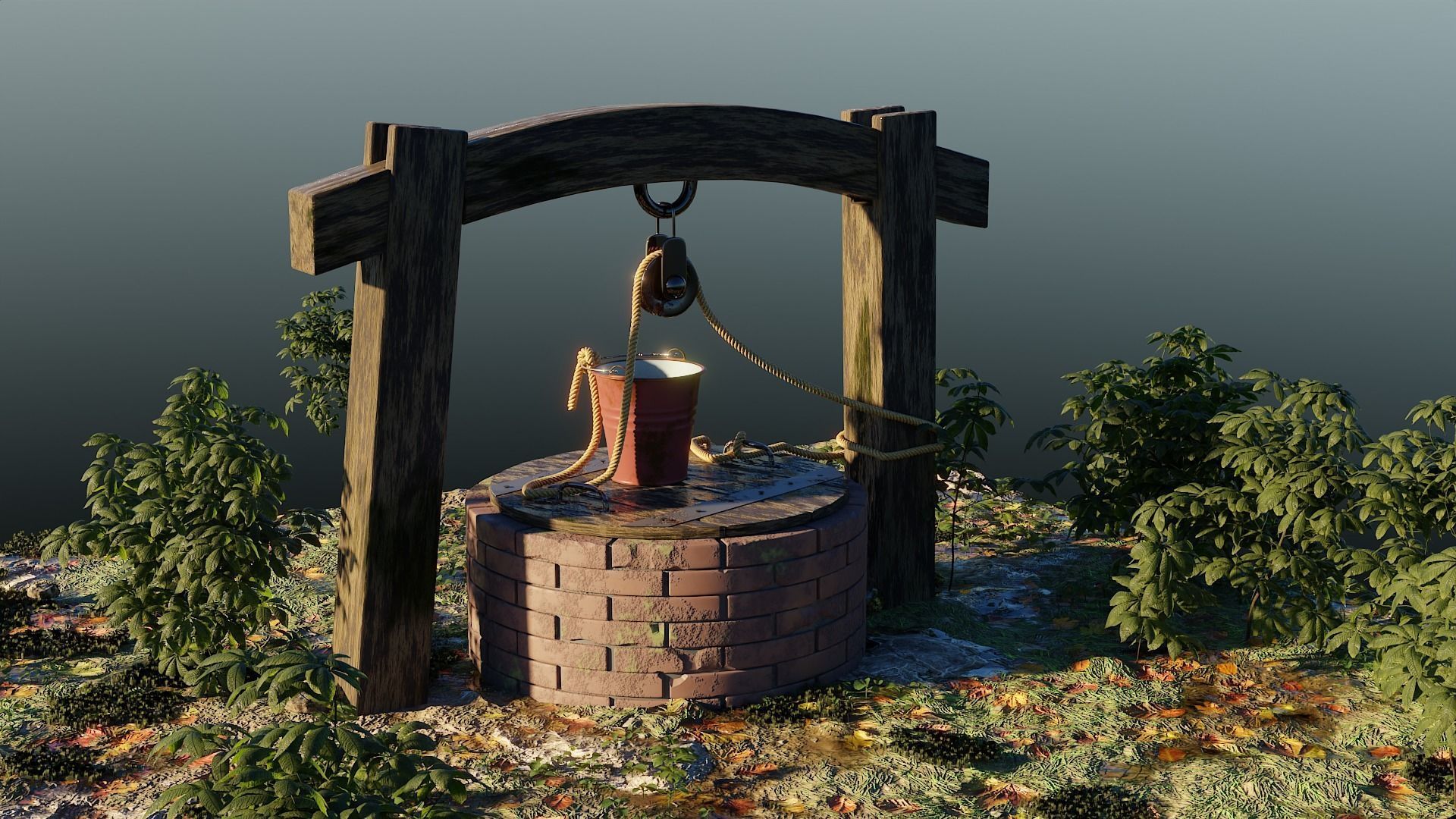 Bricks well - 3D model with landscape Free 3D model_4