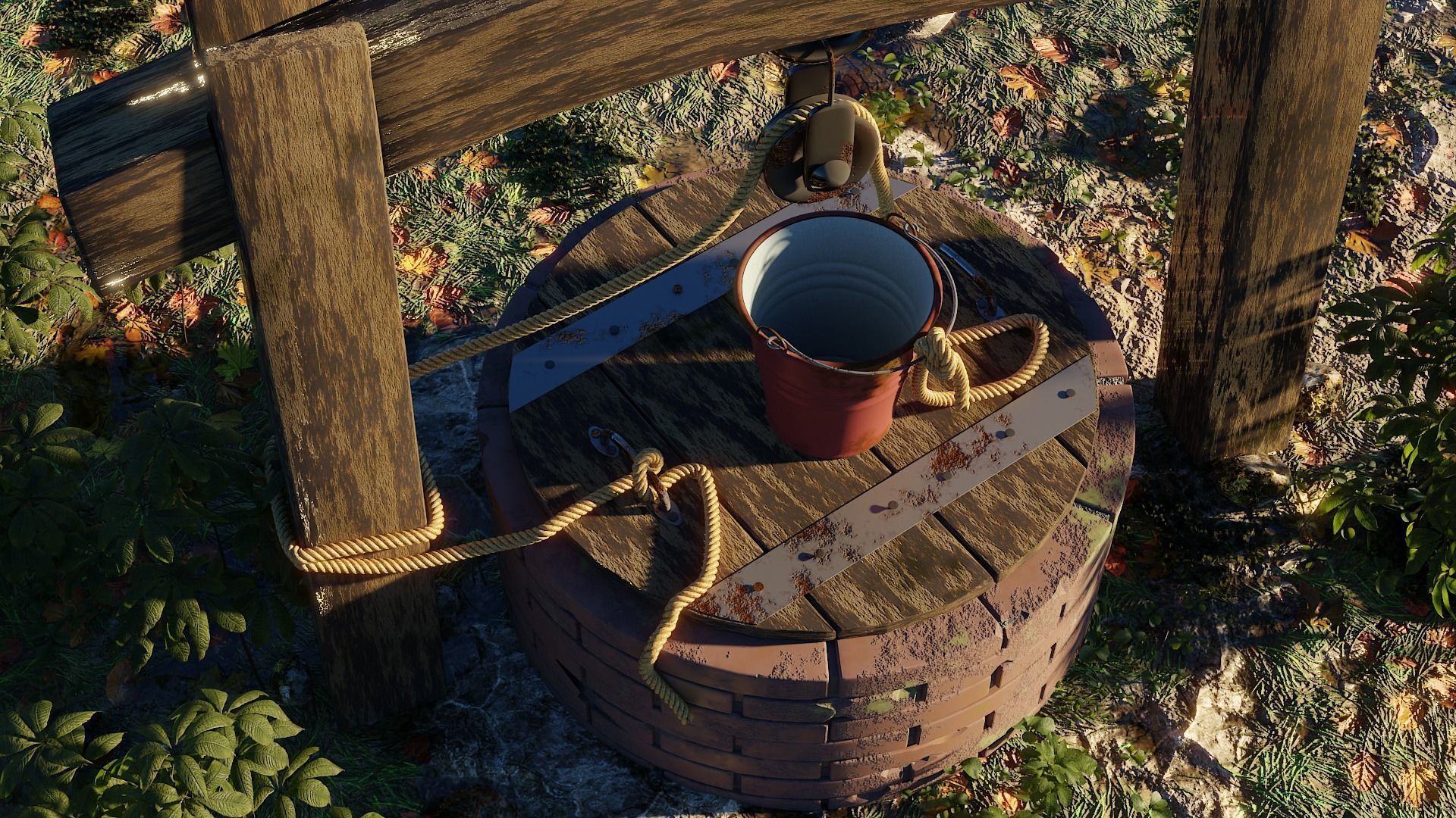 Bricks well - 3D model with landscape Free 3D model_3