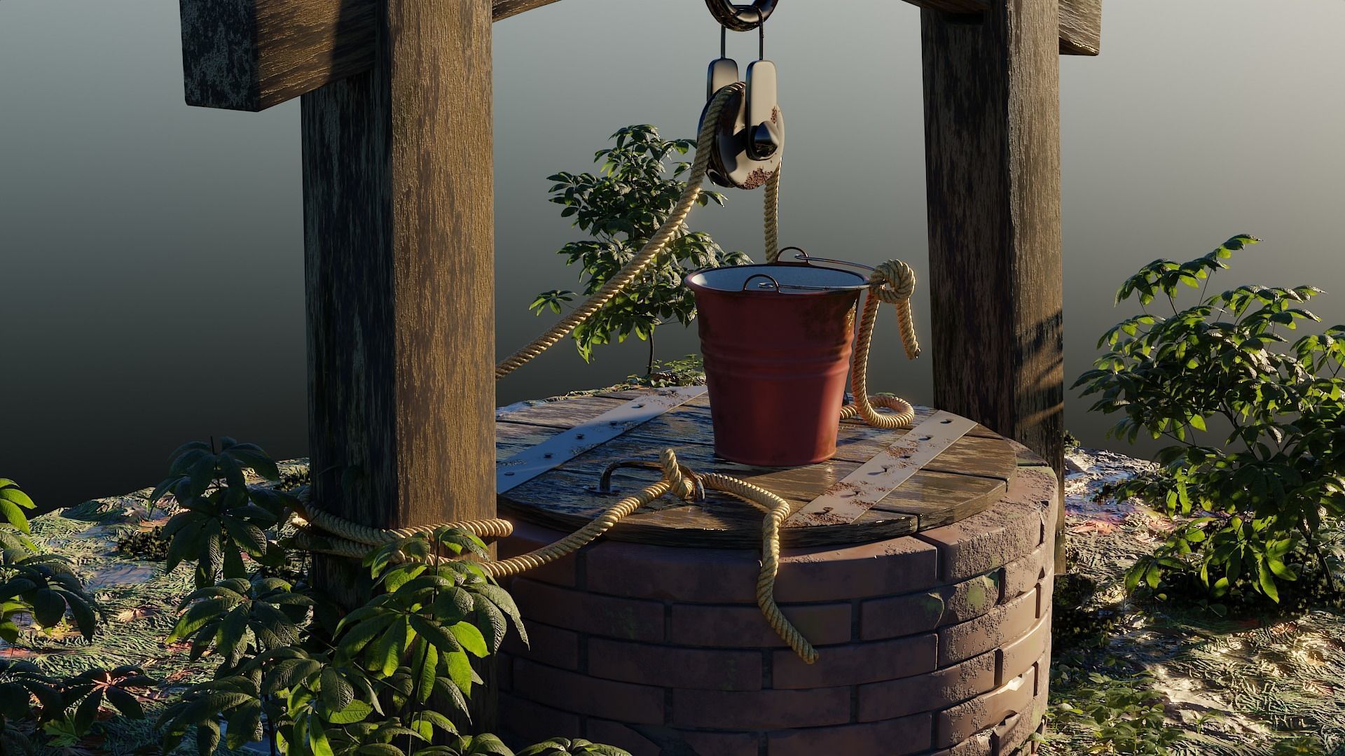 Bricks well - 3D model with landscape Free 3D model_1