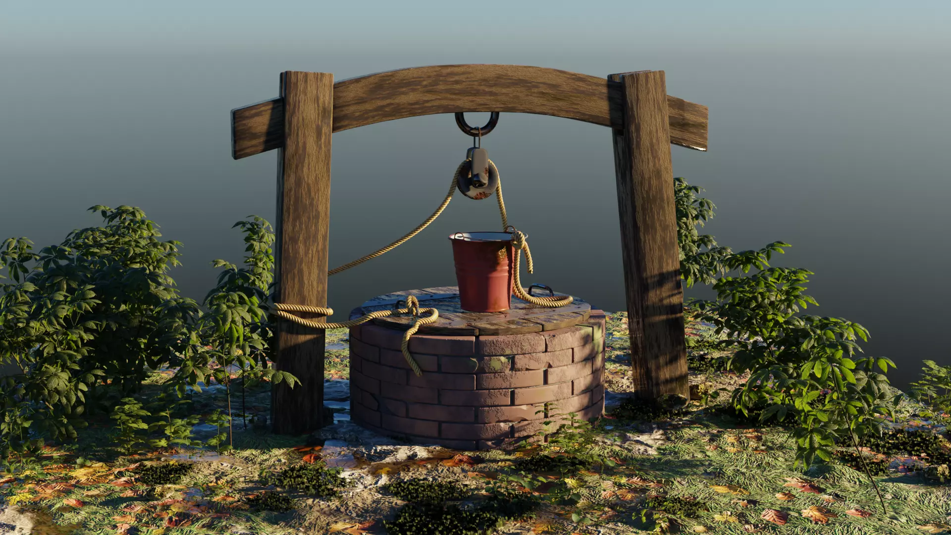 Bricks well - 3D model with landscape Free 3D model_0