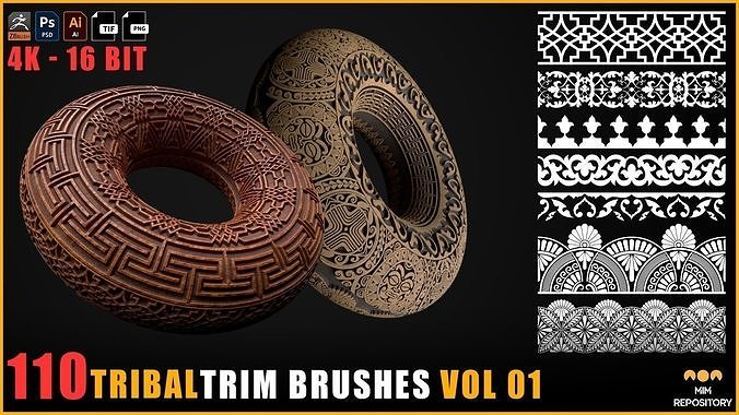 110 Tribal Trim Brushes - Border Pattern - Roll Brush - VOL 01 Texture