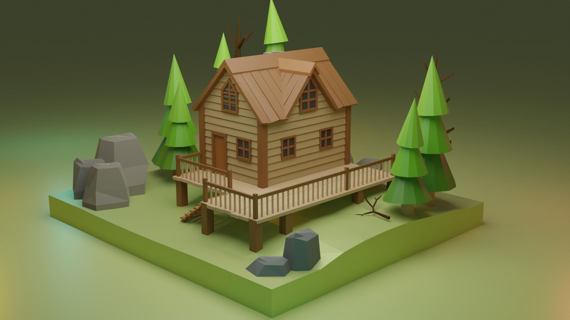 Low Poly Wooden House 3 Low-poly 3D model_1