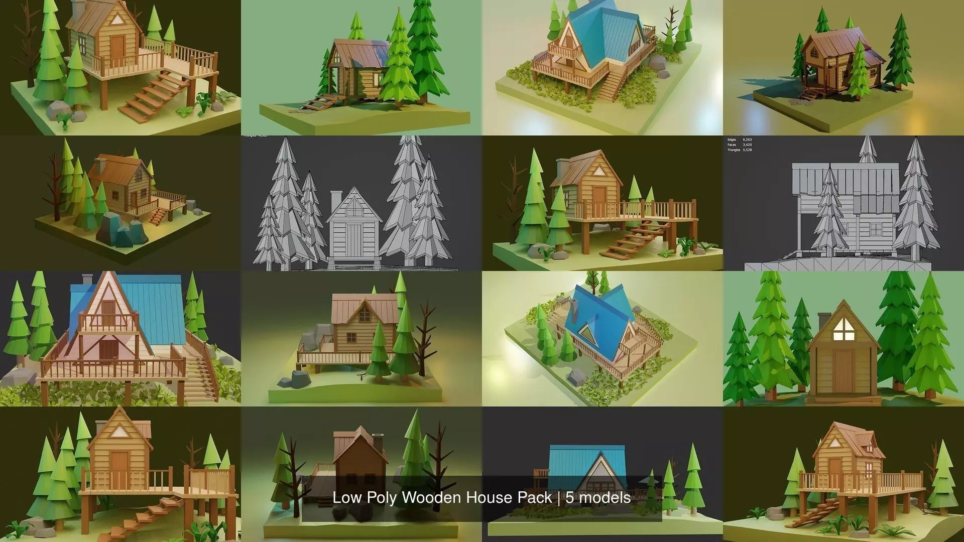 Low Poly Wooden House Pack 3D Model Collection_1
